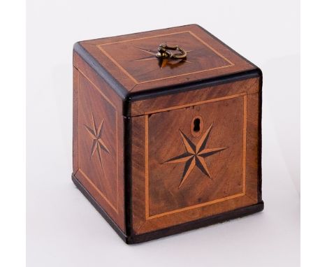A George II walnut square tea caddy with ring handle to the top and inlaid a five point star to top, front and sides, 10cm wi