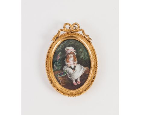 After Sir John Everett Millais/Cherry Ripe/portrait of a young girl/watercolour on ivory, 7.5cm x 5.5cm/in good ormolu frame