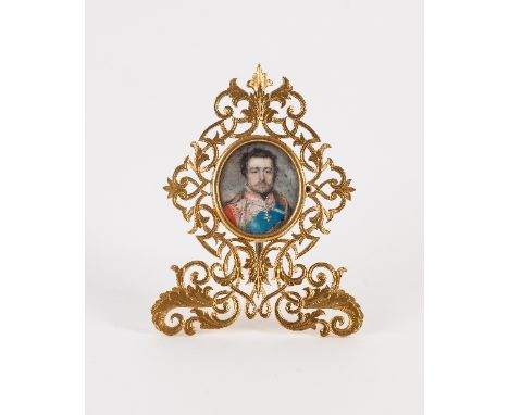 Early 19th Century Continental School/Portrait of an Officer in Uniform/oval watercolour on ivory, 3.5cm x 3cm/in a pierced g