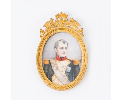 Meryem/Portrait of Napoleon Bonaparte/half length, wearing uniform/signed/oval watercolour on ivory, 10.5cm x 8cm/in a fine E