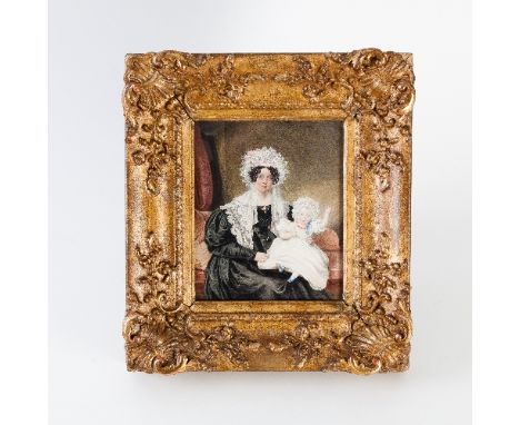 19th Century English School, circa 1825/Portrait of a Mother and Child/seated on a chaise longue, the mother wearing a black 
