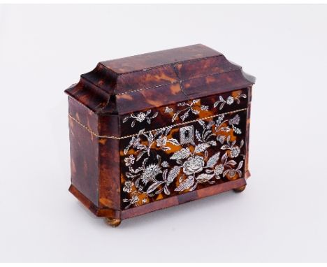 A Regency tortoiseshell sarcophagus shaped tea caddy, with concave canted corners, the front and escutcheon finely inlaid flo