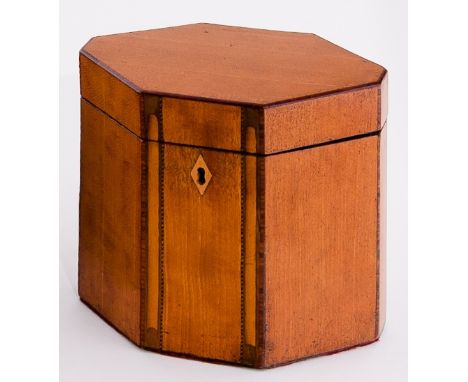 A late 18th Century satinwood tea caddy of octagonal form banded in tulipwood and inlaid arches to the front, with single lid