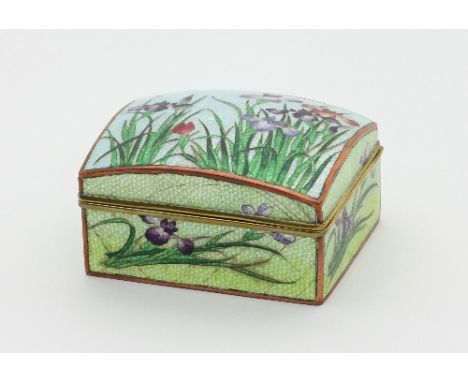 A 20th Century cloisonne enamel and marquetry box, the cover and sides decorated lilies in enamels, the interior with marquet