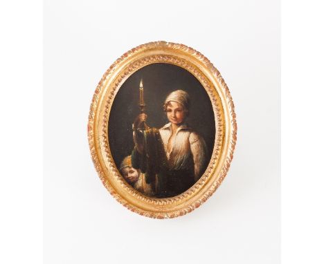 19th Century English School/Boy with a Candlestick/oil on board, 19.5cm x 15cm