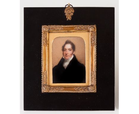 Attributed to Thomas Hargreaves/Portrait of a Gentleman/wearing a high collared black coat/watercolour on ivory, 9.5cm x 6.5c