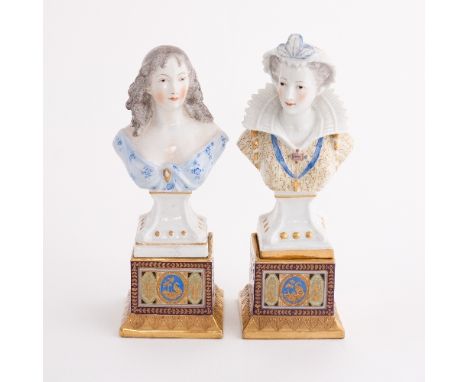 Two German porcelain portrait busts of noble ladies on a richly gilt square plinth, late 19th Century, imitation Vienna mark,