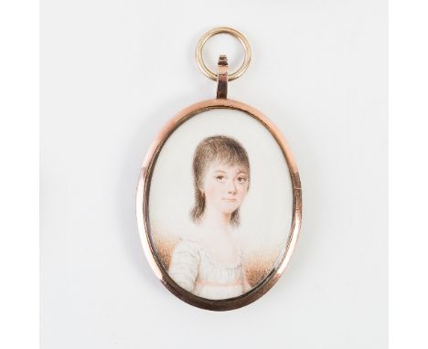 19th Century English School/Portrait of a Young Girl/half length, wearing white/oval, watercolour on ivory, 5.7cm x 4.5cm