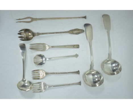Silver flatware to include: a pair of Victorian pickle forks; A pair of Victorian ladles by William Eley; sauce ladle; two ot
