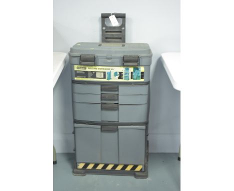 A Stanley toolbox, on carry trolley, to include top box and drawers below, with full contents of general tools.