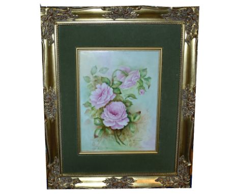 P* Cooper - Roses, signed and dated 1989, painting on ceramic, 22 x 37cms, in frame.