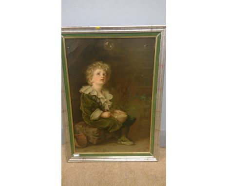 A large print of an oil painting of a child blowing bubbles with a clay pipe, dated 1886. 73cms high.