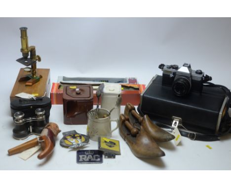 Household items, to include: a small brass microscope, boxed; a boxed Praktika PM3 camera and lenses; Hornby Mallard locomoti
