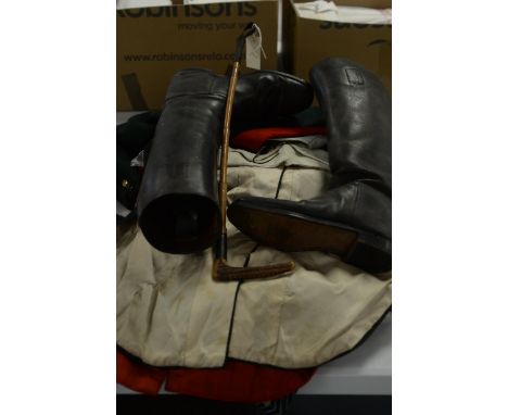 A collection of vintage riding and hunt attire, to include: riding boots; jackets; riding crop; and others.