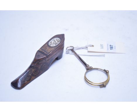 A Victorian carved wooden Snuffbox in the shape of a clog; together with a Victorian lorgnette.
