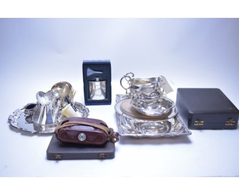 Mixed silver plate, to include: trays; loose servers and cutlery; hip flask; vintage Zeiss camera; and other items.