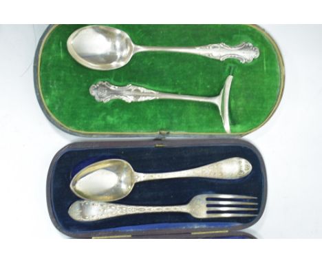 A silver baby spoon and pushing, by Mappin and Webb, London 1908, cased; and a spoon and fork, by John Taylor, London 1866, c