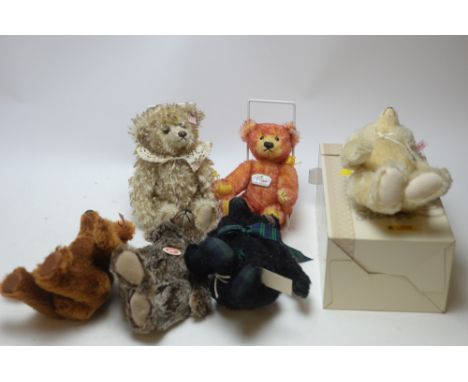 Six Steiff teddies, to include: Dark Brown Mohair; Classic Brown Tipped; Musical Black Watch; and Anna the Friedship Bear, bo