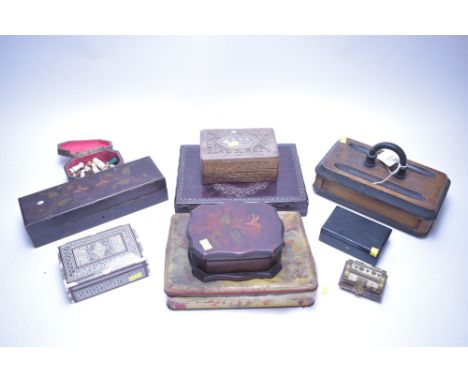 Ten decorative 19th and 20th Century boxes, to include: cigar boxes, cigarette boxes, and others; together with an inlaid mot
