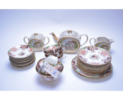 Samuel Radford gilt-edged part tea set; together with Sadler ware tea pot, milk jug, and sugar bowl.