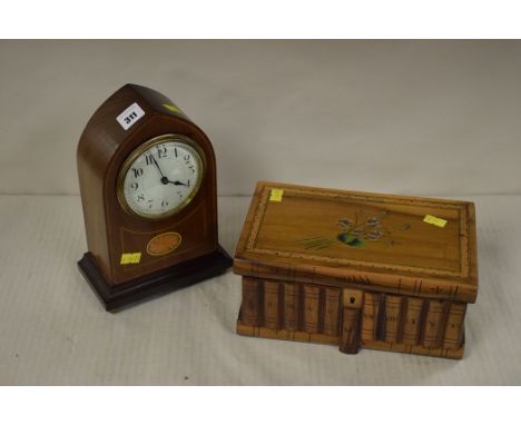 An Edwardian inlaid mahogany mantle clock c.1900 with white enamel arabic dial; together with a wooden puzzle box.
