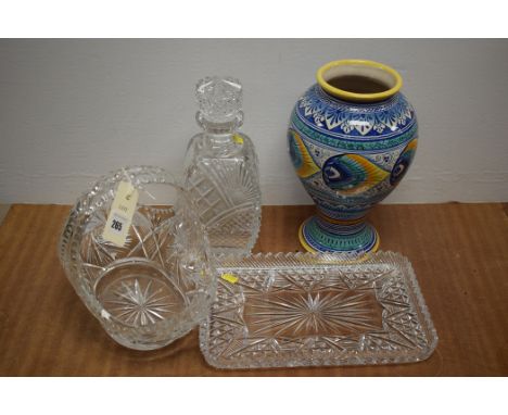 Cutglass items comprising: a decanter; a tray and a bowl in the form of a basket; together with an Italian ceramic vase.