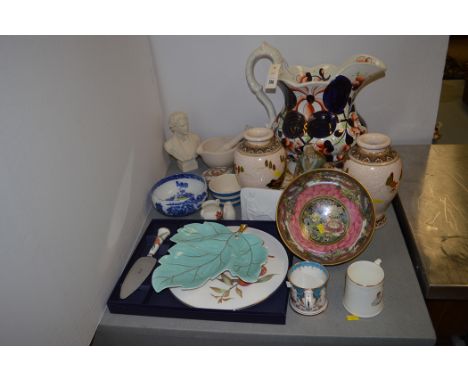A late 19th/early 20th century large Gaudy Welsh ceramic jug; a Carltonware hand-painted dish in the form of a leaf; a Royal 