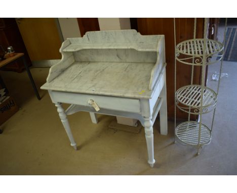 Reproduction Victorian style marble top wash stand with shaped gallery and shelf, fitted a single frieze draw and raised on t