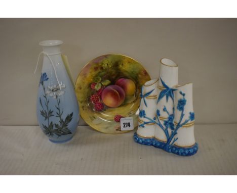 A Royal Copenhagen vase No.2917 4055; a Royal Worcester pate decorated with fruit (restored); and a Royal Worcester vase with