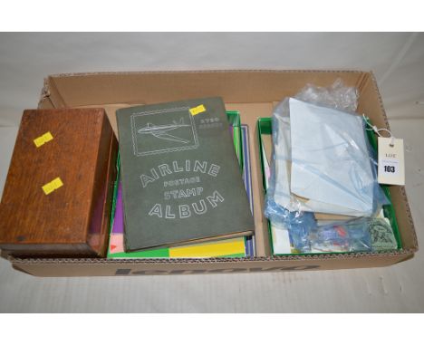 Two stamp albums; airline poster stamp album; and World stamp album by Stanley Gibbons; loose stamps, to include: Bahrain, Ne