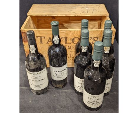 A crate of vintage port to include 5 bottles of Taylors 1977, 1 bottle of Taylors Quinta de Vargellas 1998 and 1 bottle of Sm