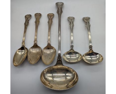 A collection of Victorian Exeter silver cutlery to include a large ladle L.34.5cm, 2 smaller ladles and 3 spoons, hallmarked 