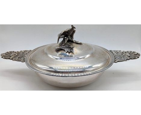 An Italian silver tureen, twin handled, cockerel finial, marks to lid rim, 623g, H.13cm W.32cm