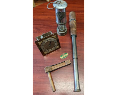 E.Thomas &amp; Williams of Aberdare miners lamp, No.250-60, together with a telescope, a clock movement, vintage football rat