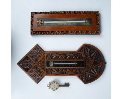 Includes a small brass and bronze key-shaped temperature gauge from France, a beautifully wooden carved frame to display a br