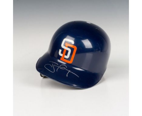 Navy Blue batting helmet with Authentic Diamond Collection MLB sticker signed by Tony Gwynn in front of an Upper Deck represe