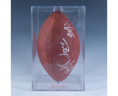 Official NFL ball with Superbowl XXXVI graphic in the area below the laces. It is boldly signed in silver sharpie by Tom Brad