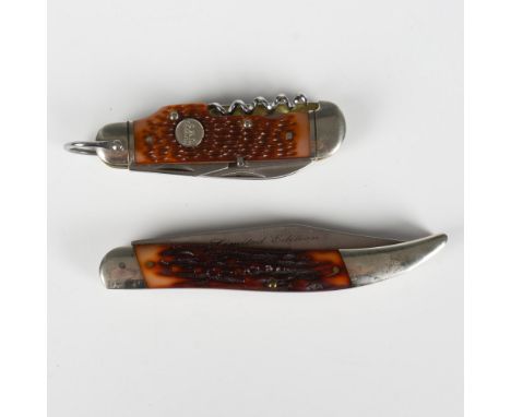 Two multi-purpose folding knives/tools. One features a medallion marked Stren and has a 4" blade with a second sawblade. The 