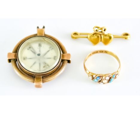 A Mixed Lot of Gold, comprising - yellow metal compass fob, 15ct turquoise and seed pearl ring, size O, and a 15ct entwined h