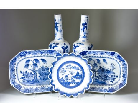 A Pair of Chinese Blue and White Porcelain Export Dishes of Octagonal Shape, Circa 1760, painted with a willow tree, chrysant