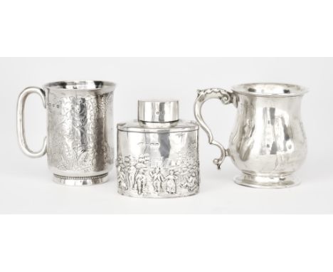 Two Silver Christening Mugs and a Silver Oval Tea Caddy, one christening mug by George Unite, Birmingham, 1892, of cylindrica