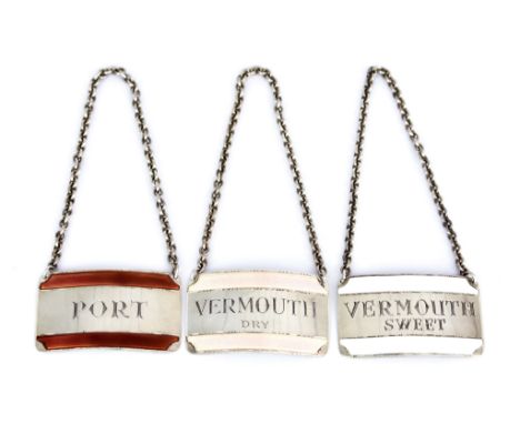 Three Elizabeth II Silver and Enamel Spirit Labels, by Cohen &amp; Charles, Birmingham, 1963, of rectangular form with bands 