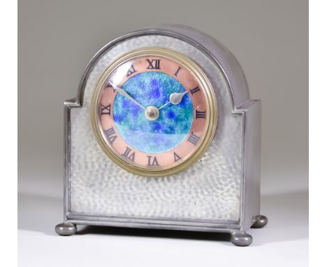 A Liberty &amp; Co. Tudric Pewter Cased Mantel Timepiece, the 3.25ins copper chapter ring with Roman numerals and blue/green 