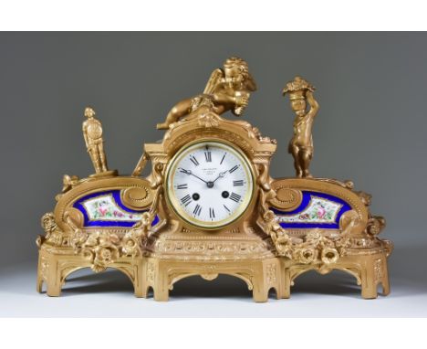 A Late 19th Century French Lacquered Metal and Porcelain Mounted Cased Mantel Clock, retailed by John Walker, 77 Corn Hill, L