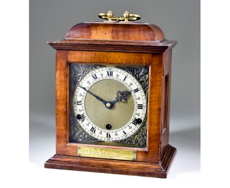 A Mid 20th Century English Walnut Cased Mantel Clock of 17th Century Design, No. 187861, the 6ins square brass dial with narr