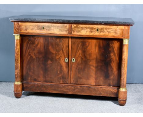 A 19th Century French Mahogany and Brass Mounted Commode, with green veined marble slab to top, fitted two frieze drawers, cu