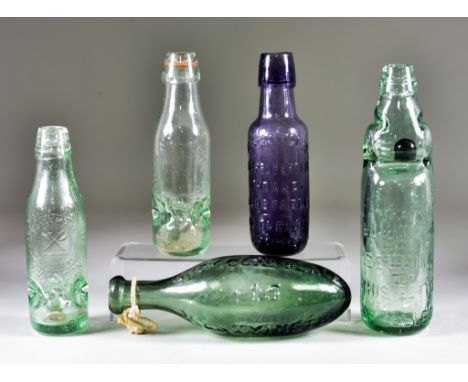 A Collection of English Glass Soda Water, Lemonade and Ginger Beer Bottles, of primarily pale green tint, late 19th/early 20t