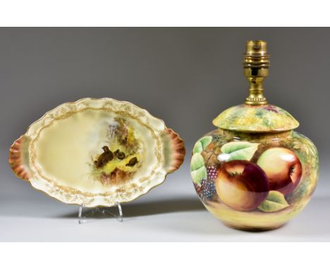 A James Skerrett Bone China Table Lamp, painted with fruit, signed, 8.75ins high, and shade for same, and a Royal Worcester B