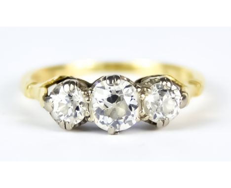 A Three Stone Diamond Ring, 20th Century, 18ct gold, set with three brilliant cut round diamonds, approximately 1ct total, si