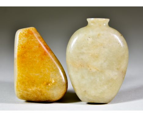 A Chinese Mottled Jade Snuff Bottle of Flattened Baluster Shape, 2.5ins (6.4cm), and one other of irregular shaped outline, 2